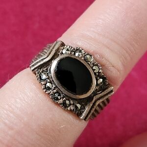 Silver 925 Vintage Black Onyx & Marcasite Statement Ring Size 6